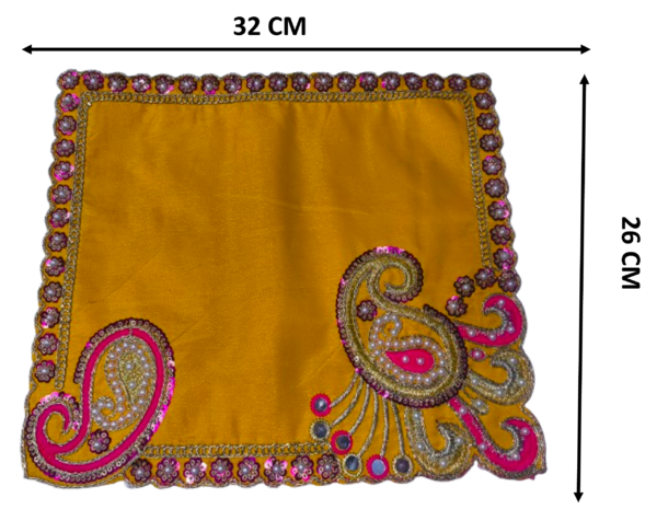 Surat Fancy Aasan | Pooja alter Cloth | size 26cm*31cm - 2 Piece Yellow & Pink - Image 5