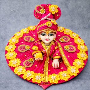 Handcrafted Red & Yellow Floral Laddu Gopal Poshak with Mukut & Mala Set