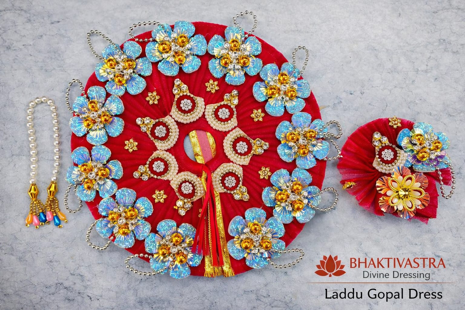 Royal Red & Blue Floral Laddu Gopal Dress Set with Pearl Jewellery