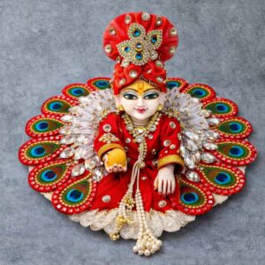 Red Peacock Feather Ladoo Gopal Dress with Net Frill & Stone Work