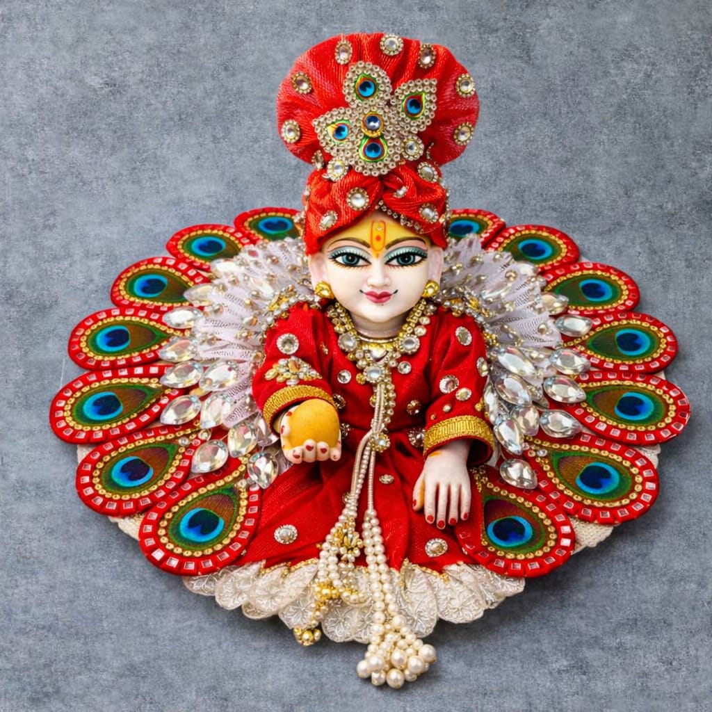 Red Peacock Feather Ladoo Gopal Dress with Net Frill & Stone Work