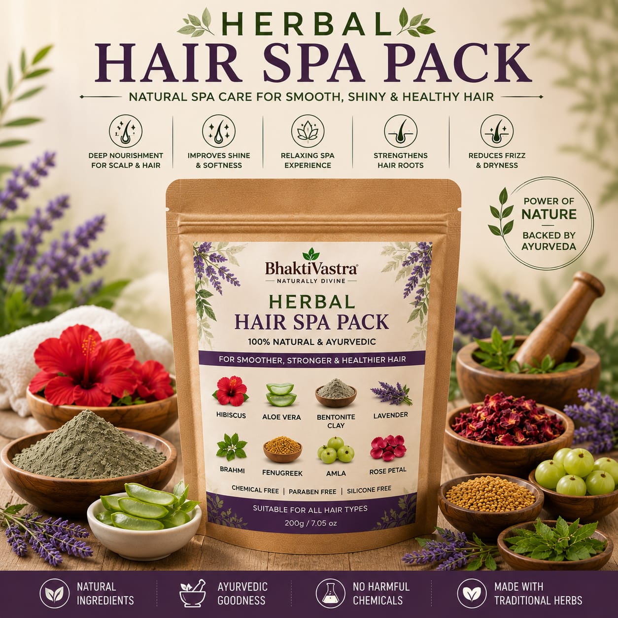 Herbal Hair Spa Pack with Ayurvedic ingredients for smooth shiny healthy hair